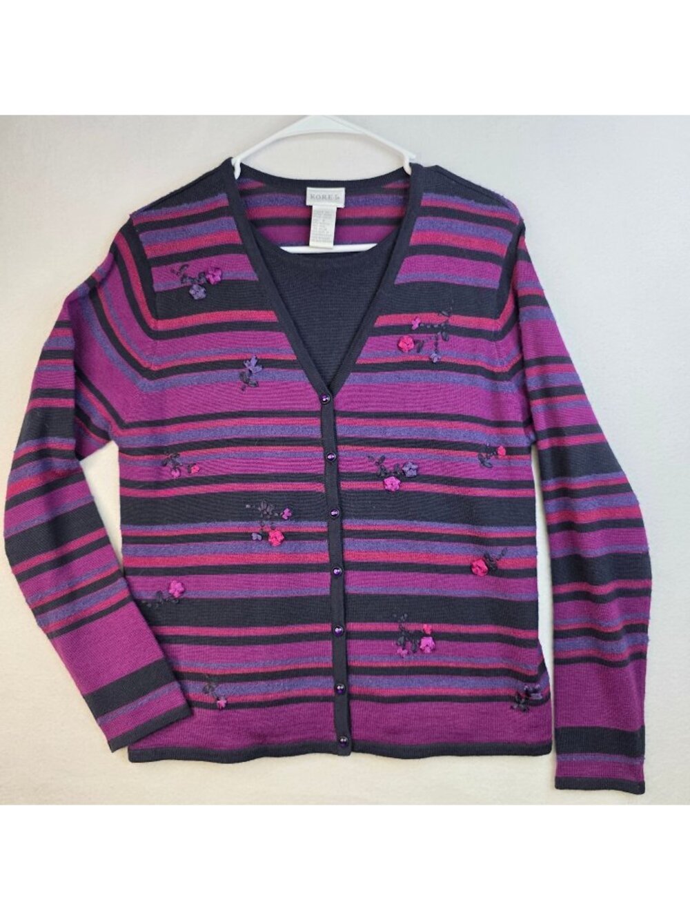 Vintage Koret Embroidered Floral Cardigan S Purple Vibrant Cottagecore Retro Y2K